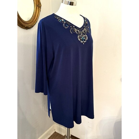Susan Graver Artisan Top Size XL  Blue Beaded V Neck 3/4 Sleeve Tunic Blouse - Picture 14 of 15